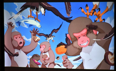 食べ物を持った猿がタカに襲われているイラスト