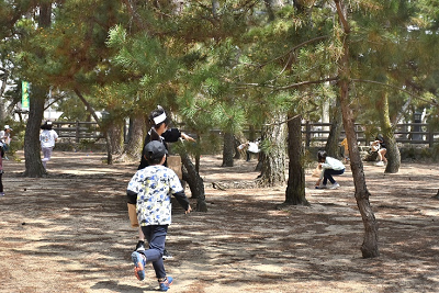 木々の間を走る少年の写真