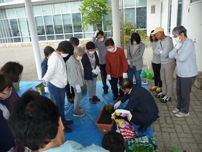 プランターに苗を植える男性を見学する人達の写真