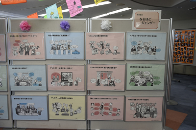 吹き出しのあるイラストが並べられた展示パネルの写真