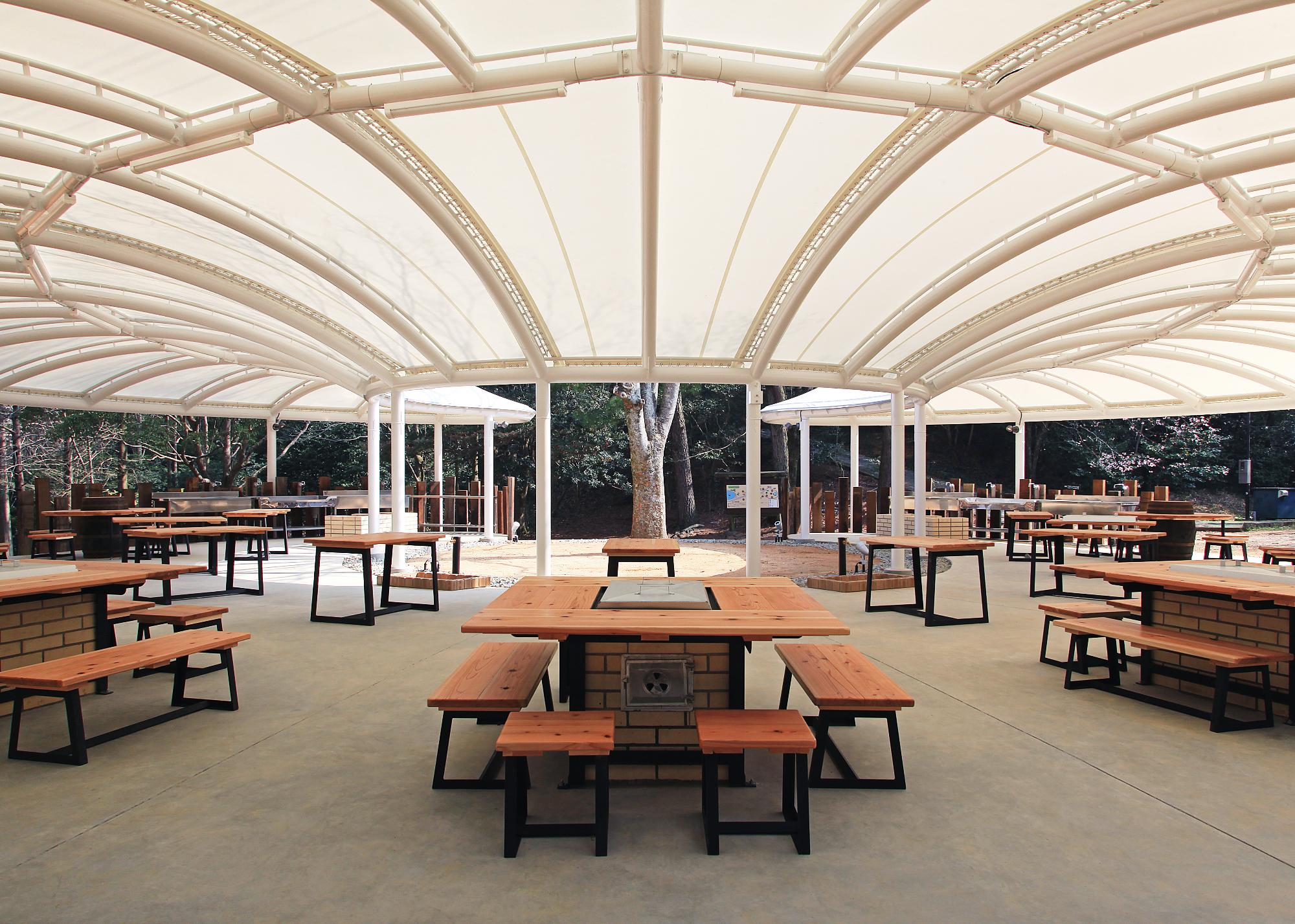 白い屋根の下に複数配置されたバーベキュー用のテーブルの写真