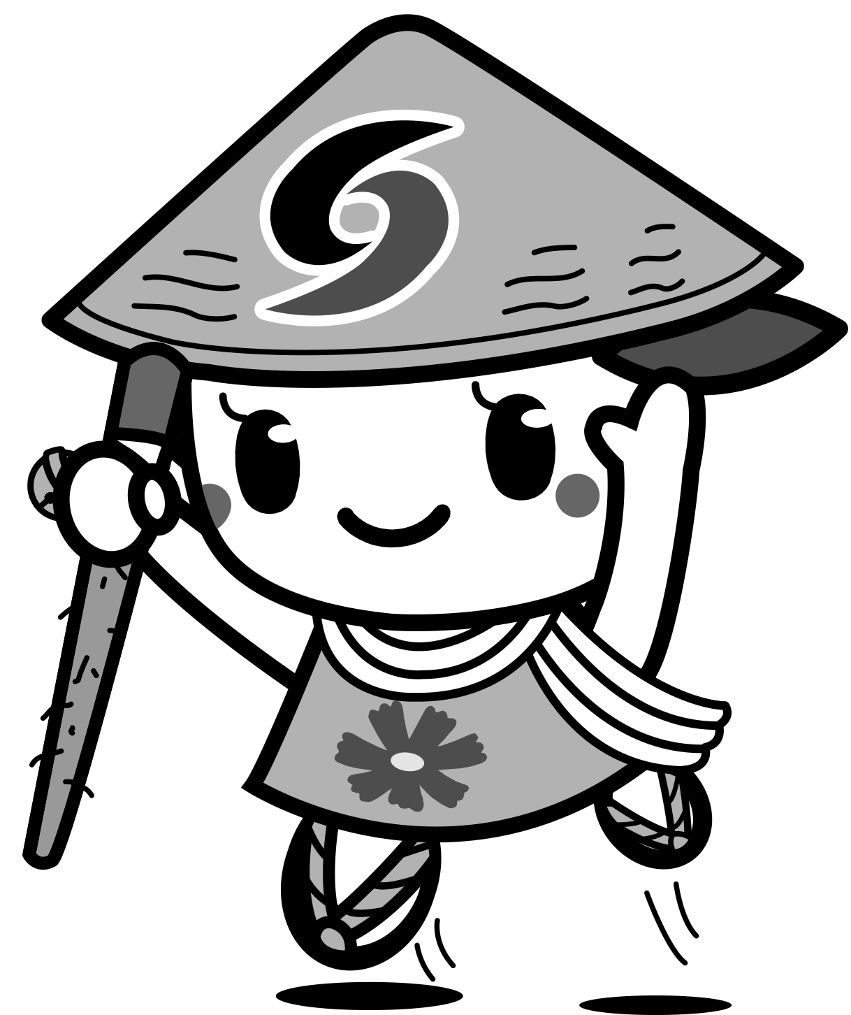 手を上にあげてジャンプしているさっき―モノクロイラスト