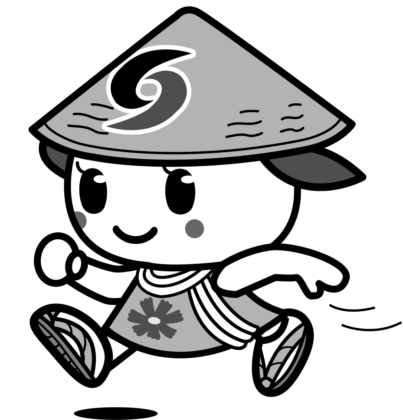 大きく手を振って走っているさっき―モノクロイラスト