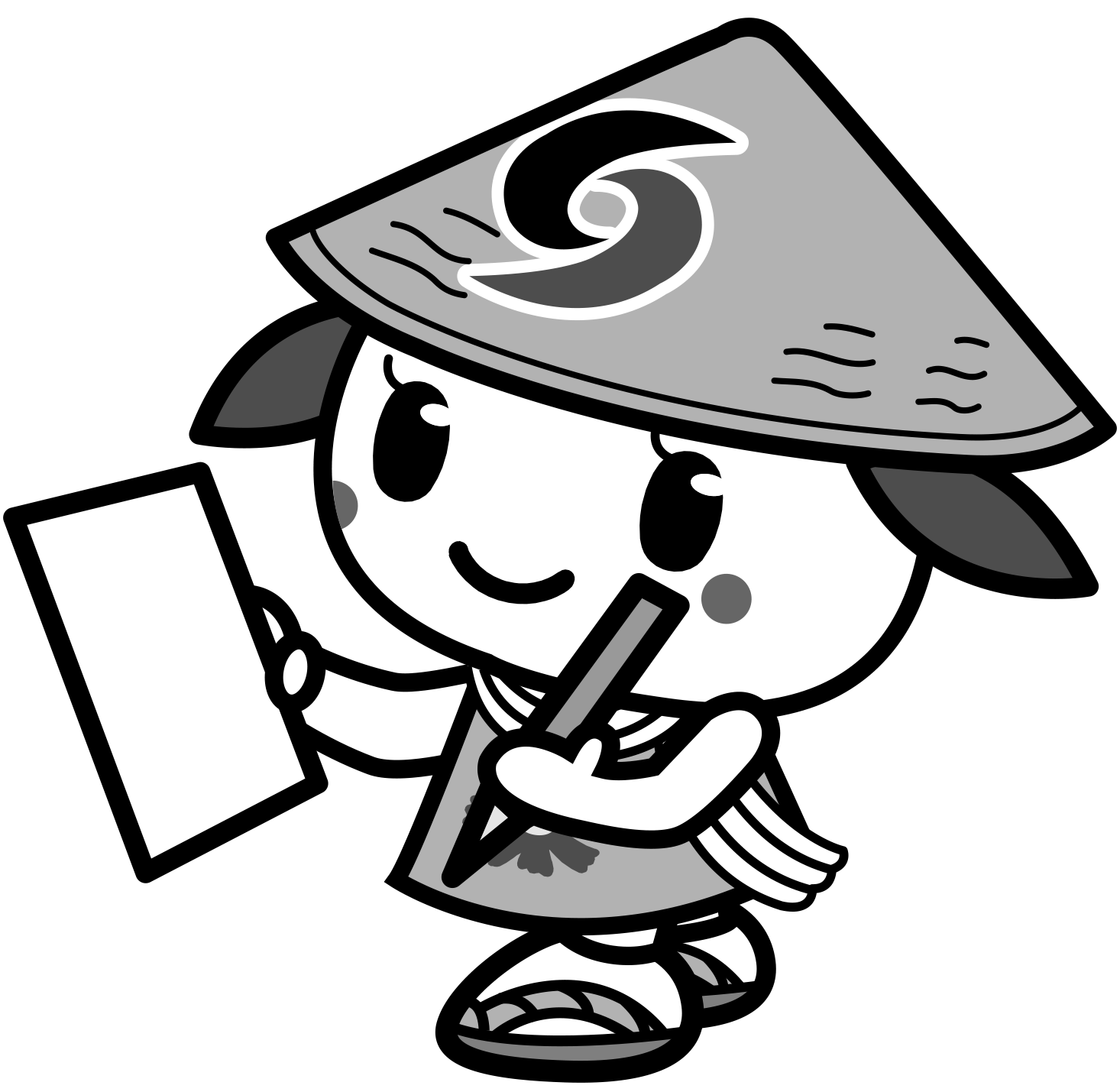 ペンと紙を持って勉強しているさっき―モノクロイラスト