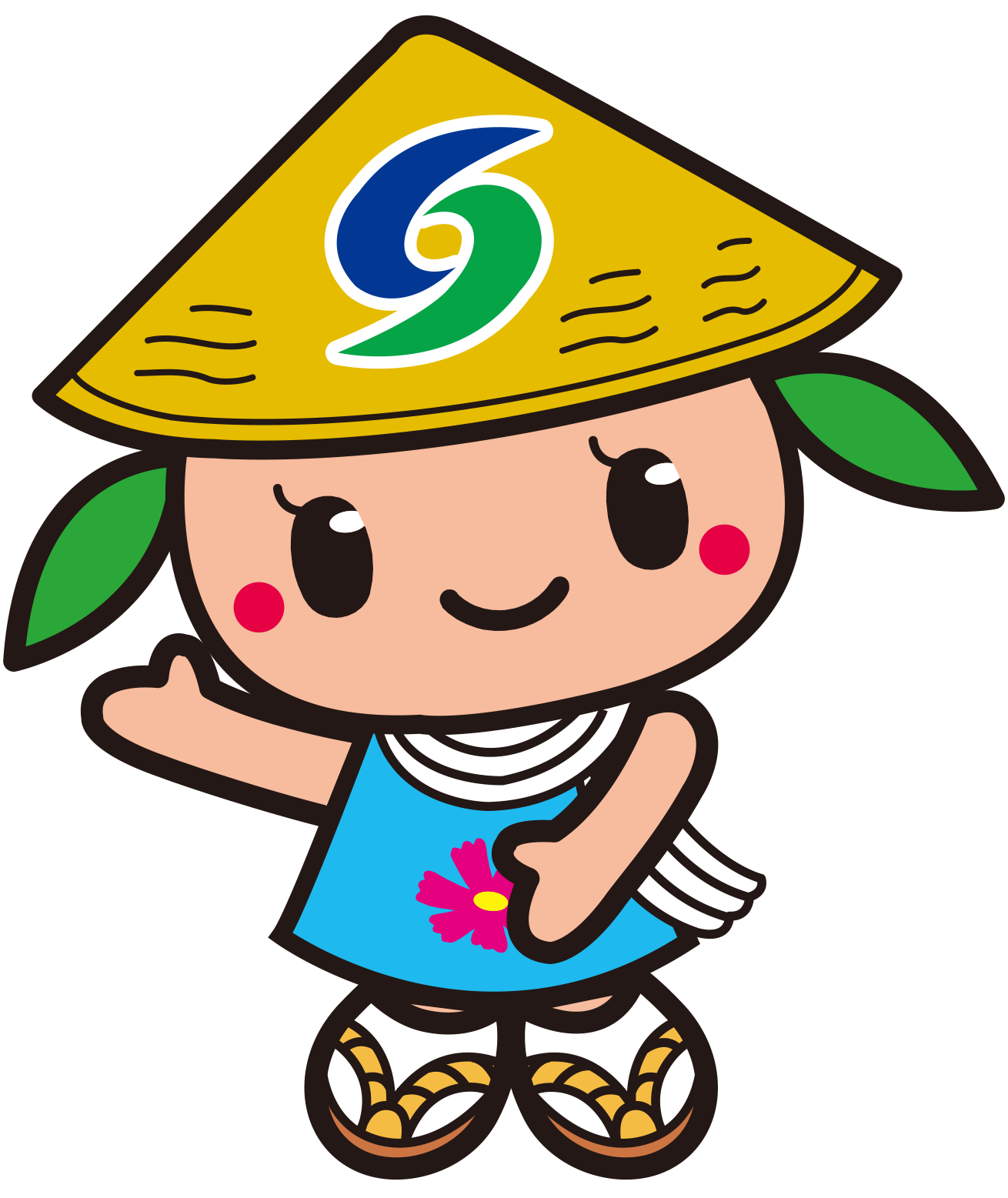 右手を挙げて紹介しているさっき―カラーイラスト