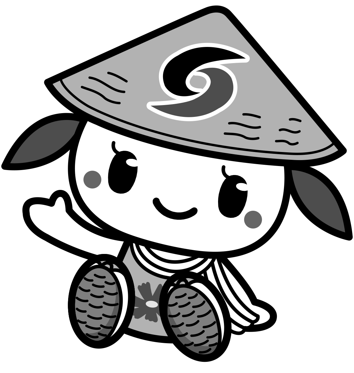 右手を挙げて斜めに座っているさっき―モノクロイラスト