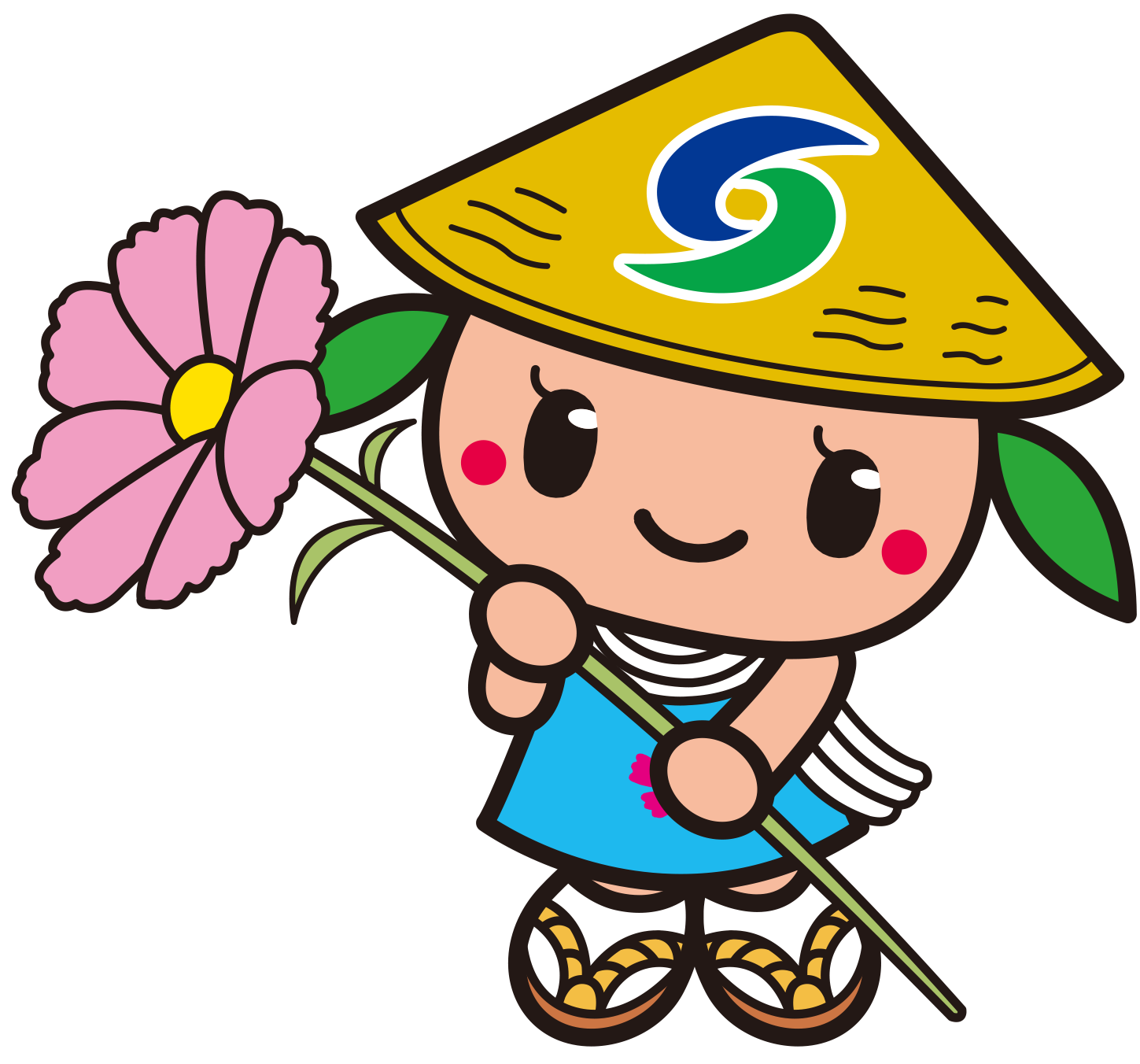 ピンク色のコスモスの花を手に持っているさっき―カラーイラスト