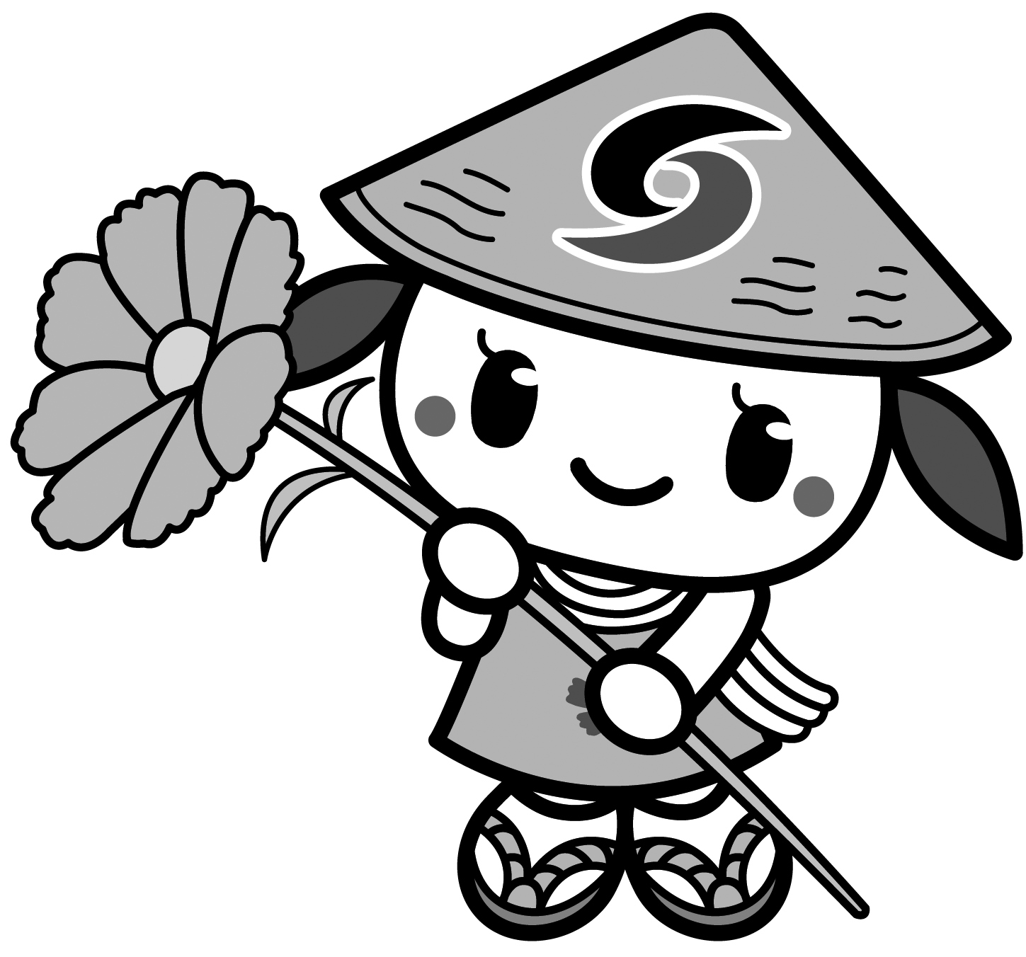 コスモスの花を手に持っているさっき―モノクロイラスト