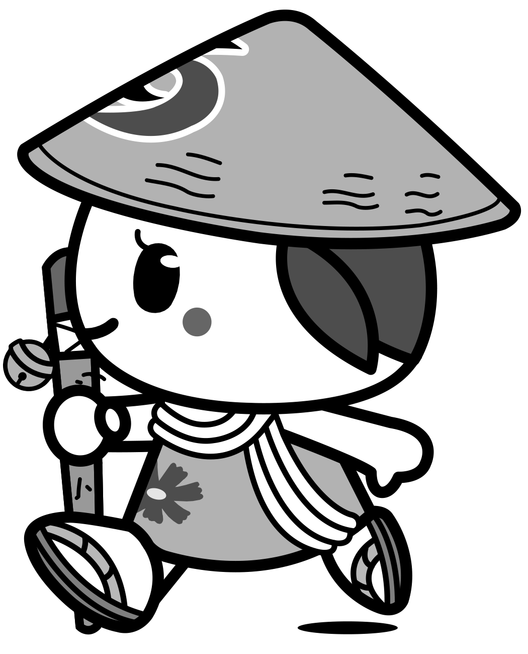 鈴のついた杖を持ちながら横向きに歩いているさっき―モノクロイラスト