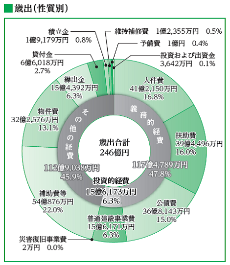 令和3年度一般会計予算の歳出を性質別に示した円グラフ