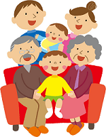 ソファーに座って笑顔で集まる祖父母と両親と2人の子供の六人家族三世代のイラスト