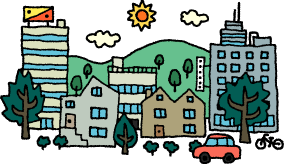 太陽や山を背景にビルや木々がたくさん並んで車も走っているイラスト